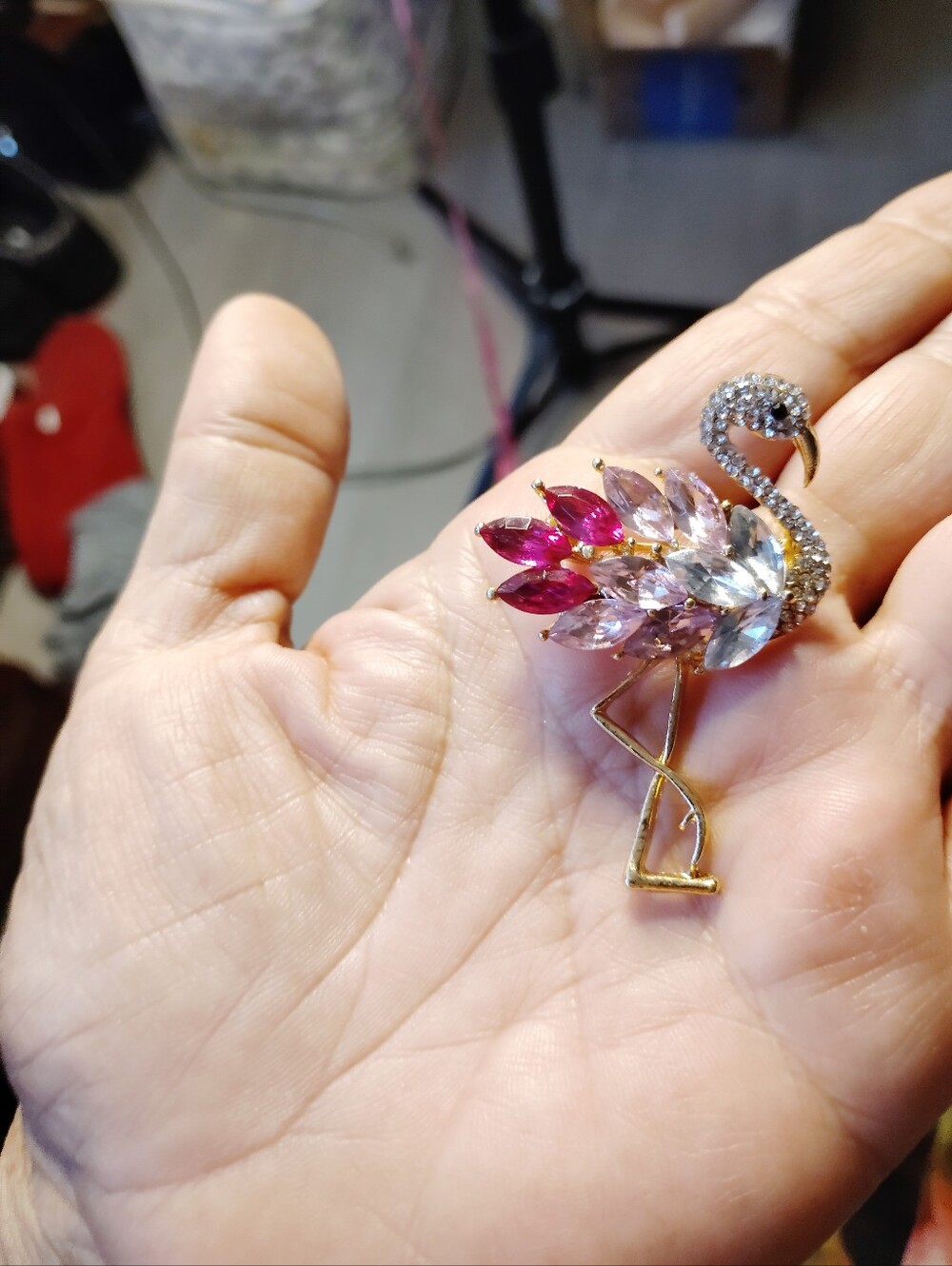 Gold-Tone Flamingo Brooch with Pink and Clear Crystals